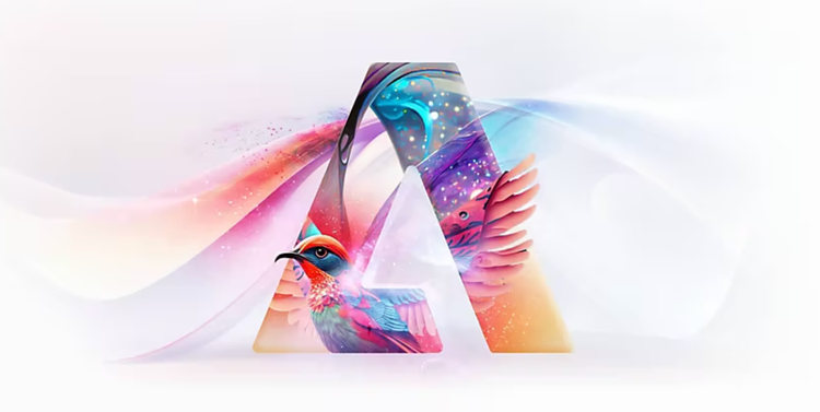 Letter A with a bird intertwined in rainbow colors.