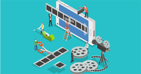 Illustration of tiny people building film on a phone
